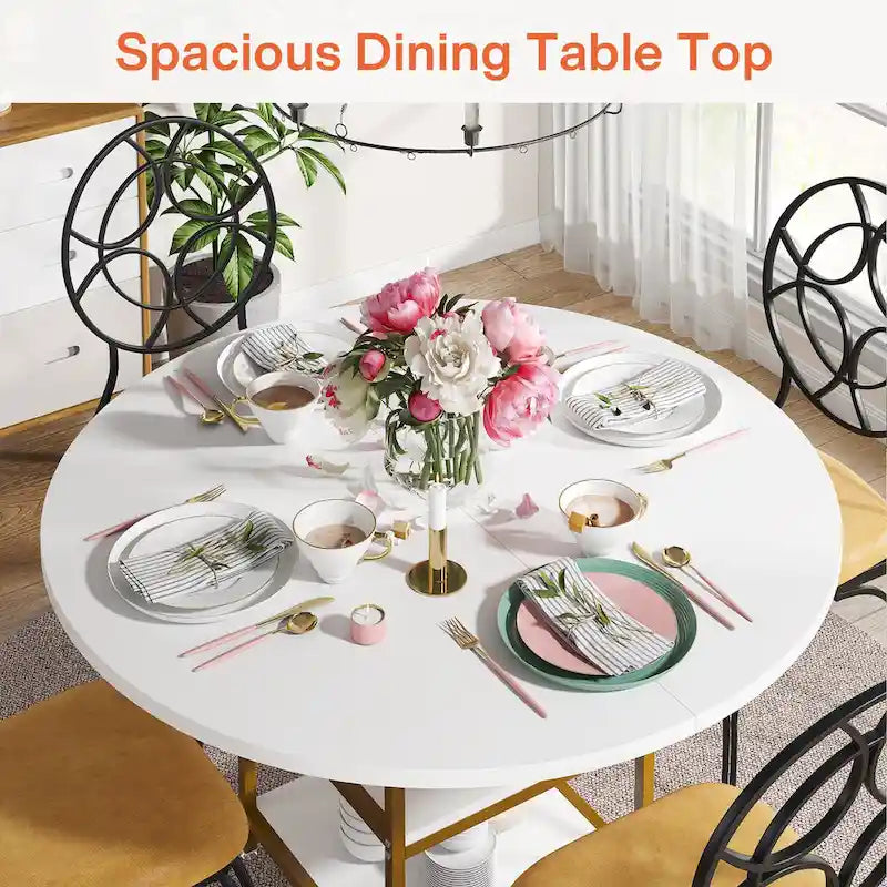 Kitchen Table Dining Table for 4 with Storage Shelf Metal Legs Wood Table Top for Home Dining Room Living Room