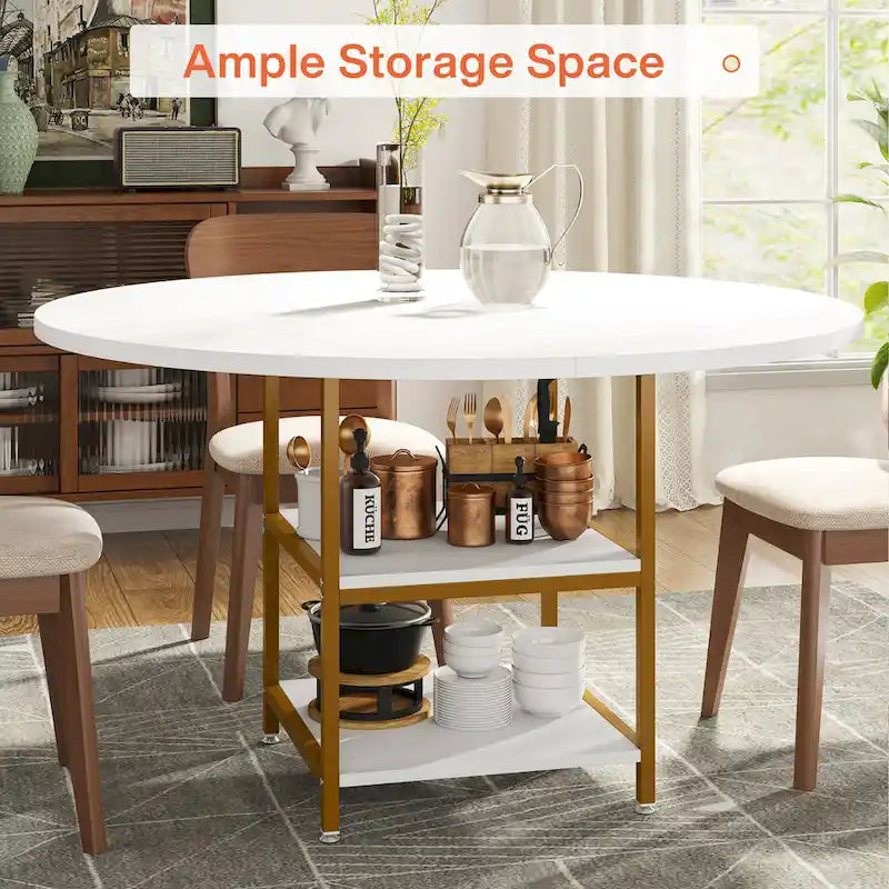 Kitchen Table Dining Table for 4 with Storage Shelf Metal Legs Wood Table Top for Home Dining Room Living Room