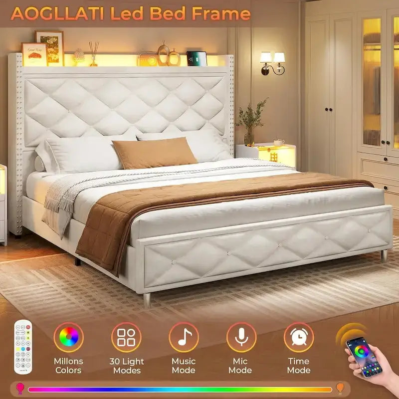 LED Bed Frame with 51.2 Tall Headboard Charging Station