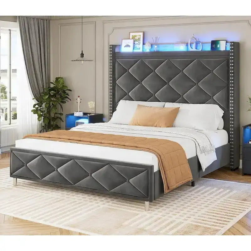 LED Bed Frame with 51.2 Tall Headboard Charging Station