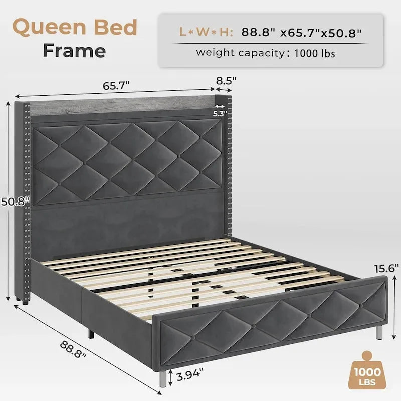 LED Bed Frame with 51.2 Tall Headboard Charging Station