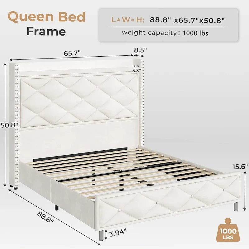 LED Bed Frame with 51.2 Tall Headboard Charging Station