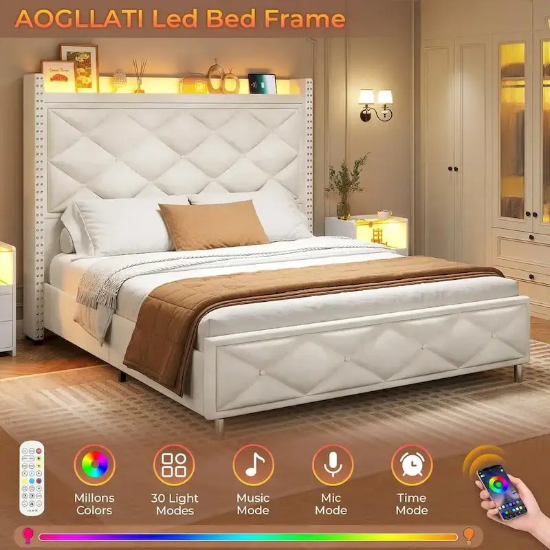 LED Bed Frame with 51.2 Tall Headboard Charging Station