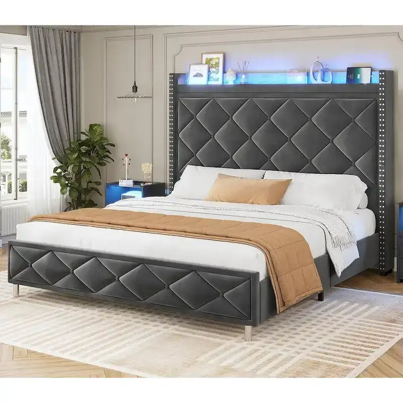 LED Bed Frame with 51.2 Tall Headboard Charging Station