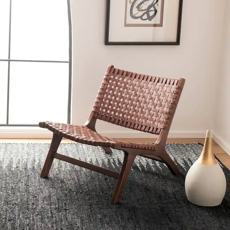 SAFAVIEH Theodora Leather Woven Accent Chair - 25.2 W x 31.5 L x 26.8 H - 25Wx31Dx27H