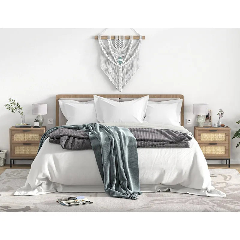 Anmytek Farmhouse 2-Drawer Nightstand Wood Rattan Bedside Table for Bedroom