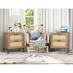 Anmytek Farmhouse 2-Drawer Nightstand Wood Rattan Bedside Table for Bedroom