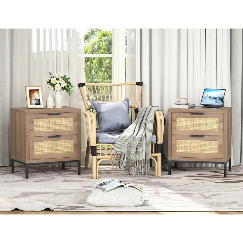 Anmytek Farmhouse 2-Drawer Nightstand Wood Rattan Bedside Table for Bedroom