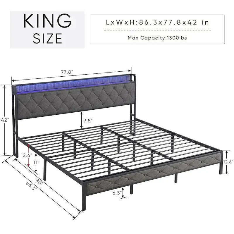 King Bed Frame with Storage Headboard, Charging Station and LED Lights, Upholstered Platform Bed