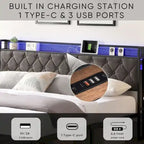 King Bed Frame with Storage Headboard, Charging Station and LED Lights, Upholstered Platform Bed