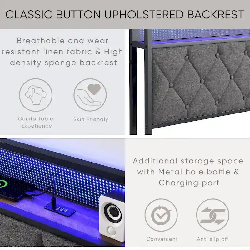King Bed Frame with Storage Headboard, Charging Station and LED Lights, Upholstered Platform Bed