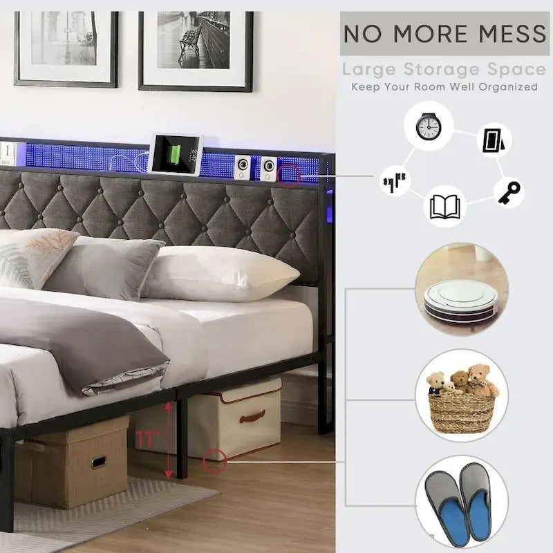 King Bed Frame with Storage Headboard, Charging Station and LED Lights, Upholstered Platform Bed