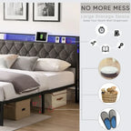 King Bed Frame with Storage Headboard, Charging Station and LED Lights, Upholstered Platform Bed