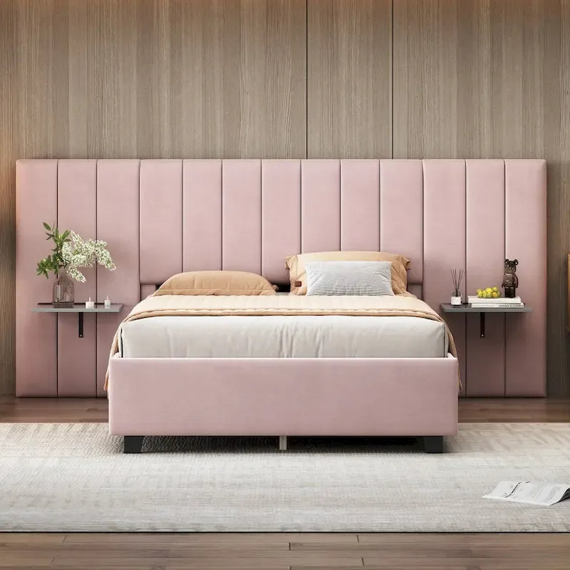 Full Size Upholstered Platform Bed with Big Headboard