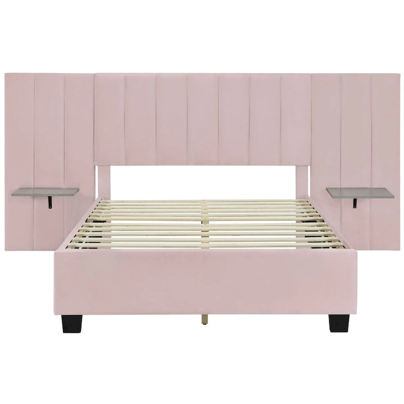 Full Size Upholstered Platform Bed with Big Headboard