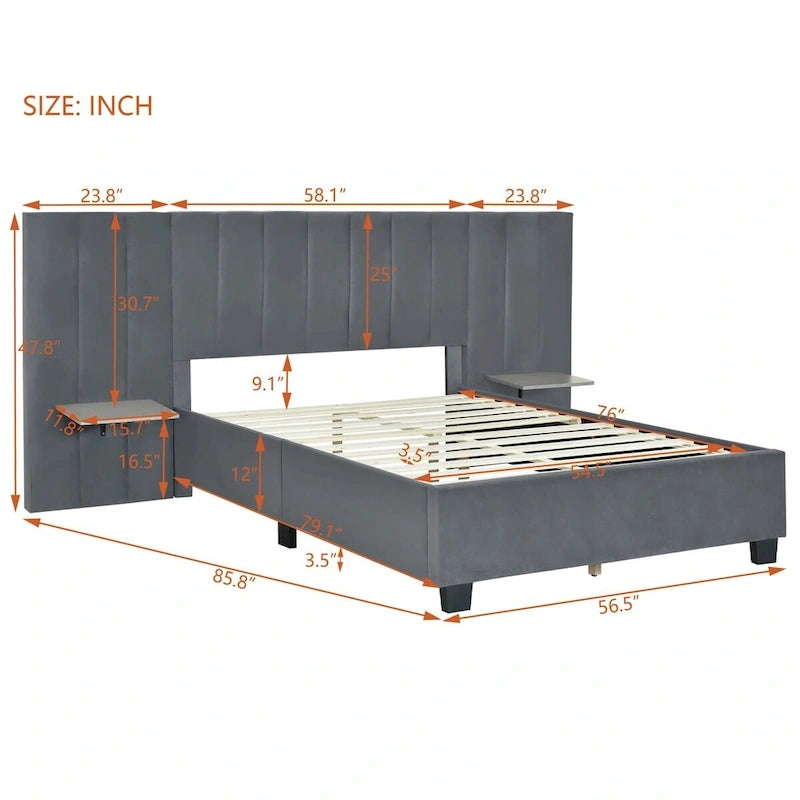 Full Size Upholstered Platform Bed with Big Headboard