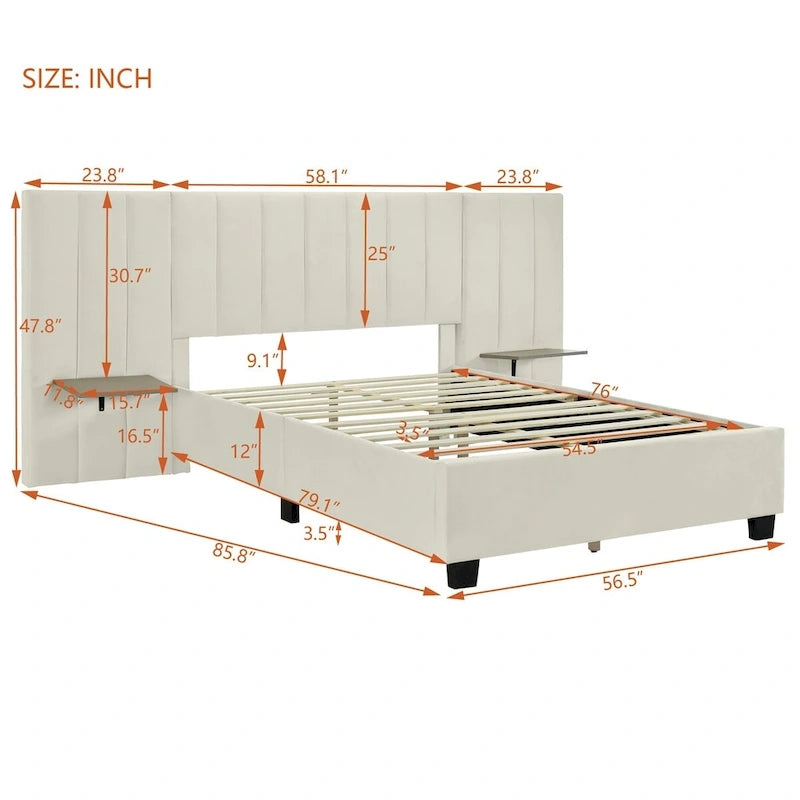 Full Size Upholstered Platform Bed with Big Headboard
