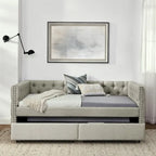Upholstered Twin Size Daybed w/ 2 Drawers, Copper Nail on Square Arms