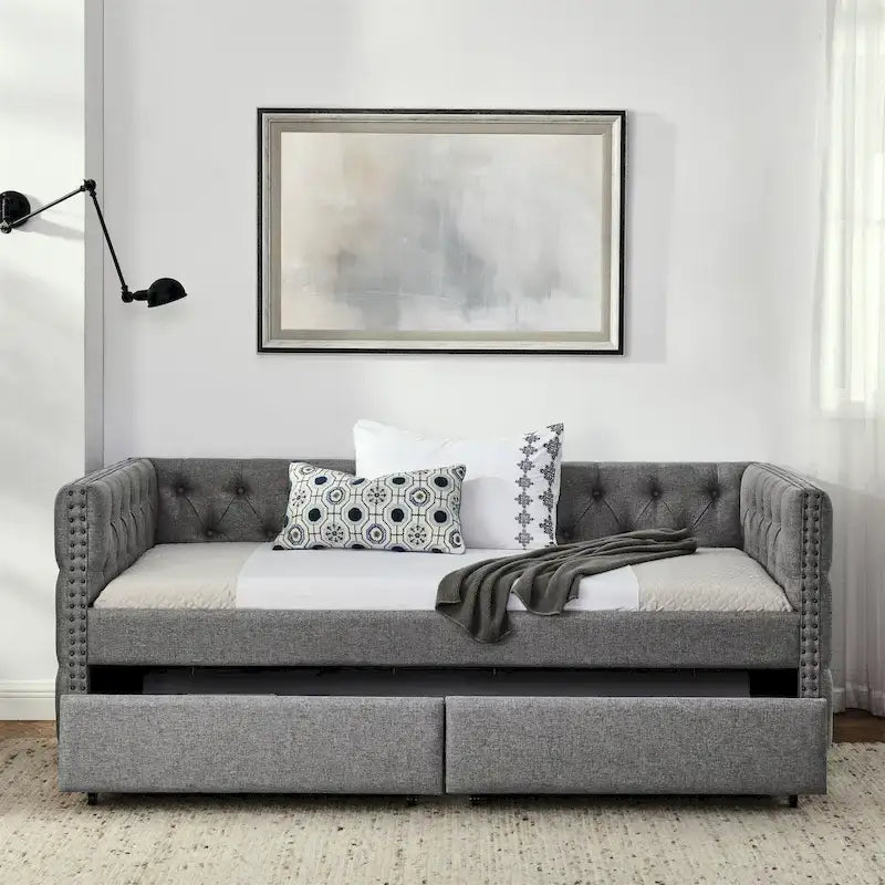 Upholstered Twin Size Daybed w/ 2 Drawers, Copper Nail on Square Arms