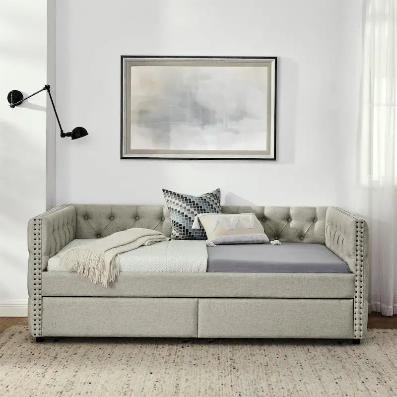 Upholstered Twin Size Daybed w/ 2 Drawers, Copper Nail on Square Arms