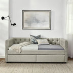 Upholstered Twin Size Daybed w/ 2 Drawers, Copper Nail on Square Arms