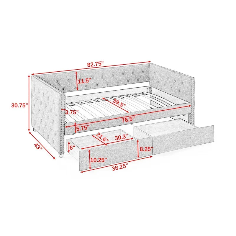 Upholstered Twin Size Daybed w/ 2 Drawers, Copper Nail on Square Arms