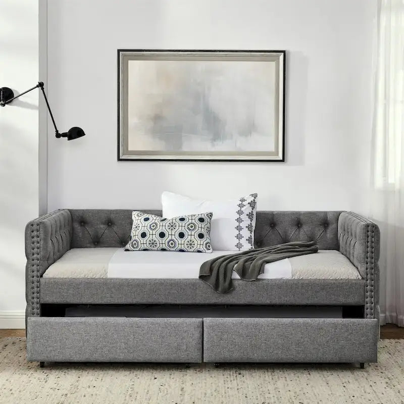 Upholstered Twin Size Daybed w/ 2 Drawers, Copper Nail on Square Arms