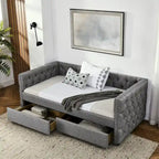 Upholstered Twin Size Daybed w/ 2 Drawers, Copper Nail on Square Arms