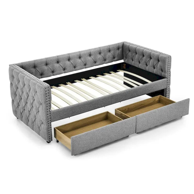 Upholstered Twin Size Daybed w/ 2 Drawers, Copper Nail on Square Arms