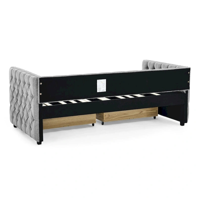 Upholstered Twin Size Daybed w/ 2 Drawers, Copper Nail on Square Arms