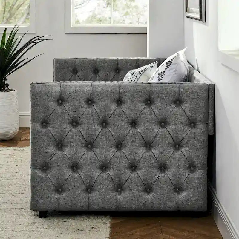 Upholstered Twin Size Daybed w/ 2 Drawers, Copper Nail on Square Arms