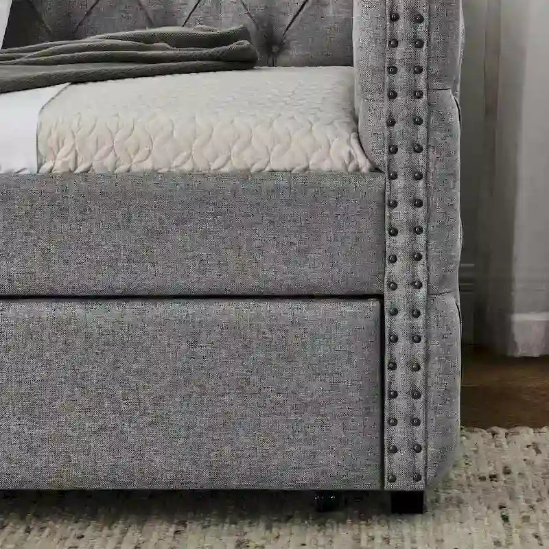 Upholstered Twin Size Daybed w/ 2 Drawers, Copper Nail on Square Arms