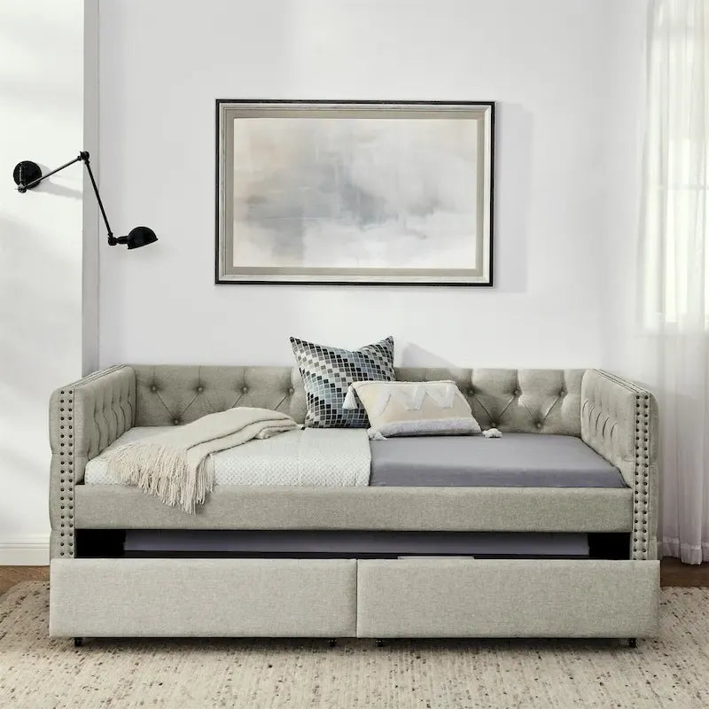 Upholstered Twin Size Daybed w/ 2 Drawers, Copper Nail on Square Arms