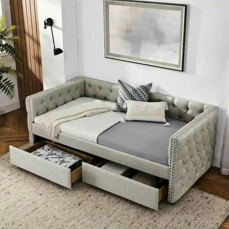 Upholstered Twin Size Daybed w/ 2 Drawers, Copper Nail on Square Arms