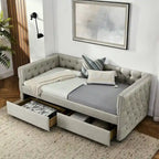 Upholstered Twin Size Daybed w/ 2 Drawers, Copper Nail on Square Arms