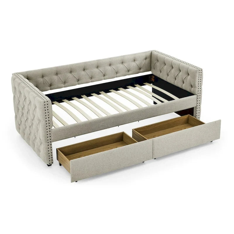 Upholstered Twin Size Daybed w/ 2 Drawers, Copper Nail on Square Arms