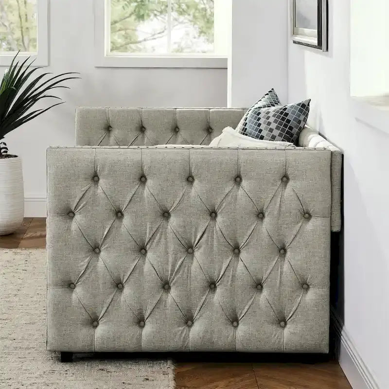 Upholstered Twin Size Daybed w/ 2 Drawers, Copper Nail on Square Arms