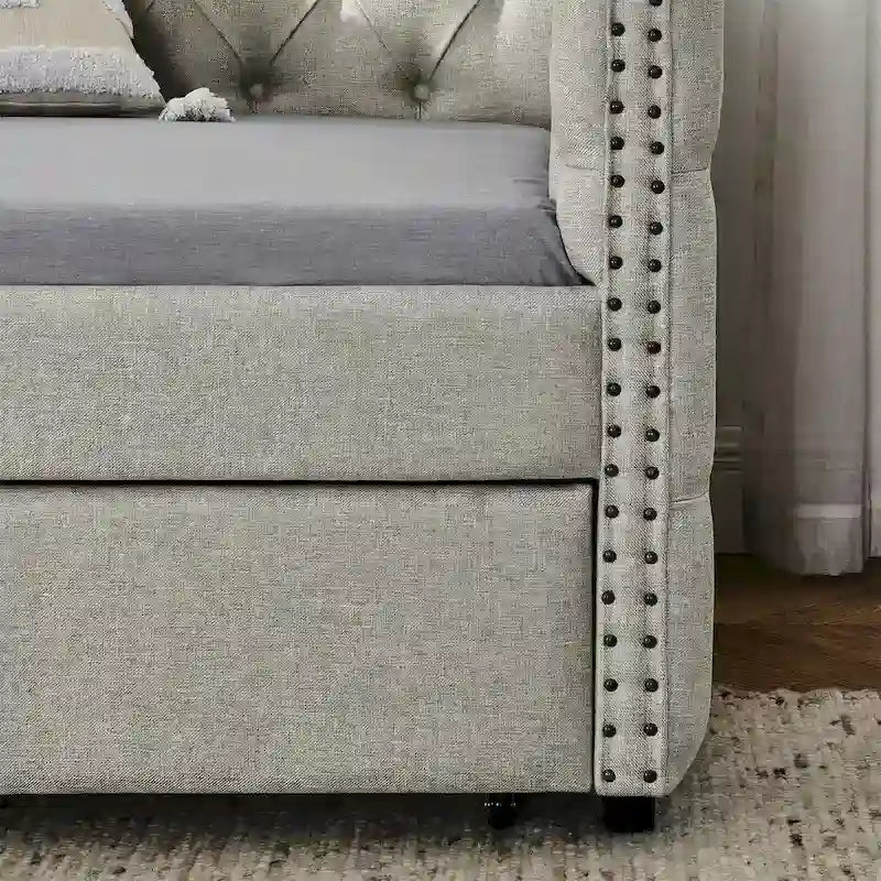 Upholstered Twin Size Daybed w/ 2 Drawers, Copper Nail on Square Arms