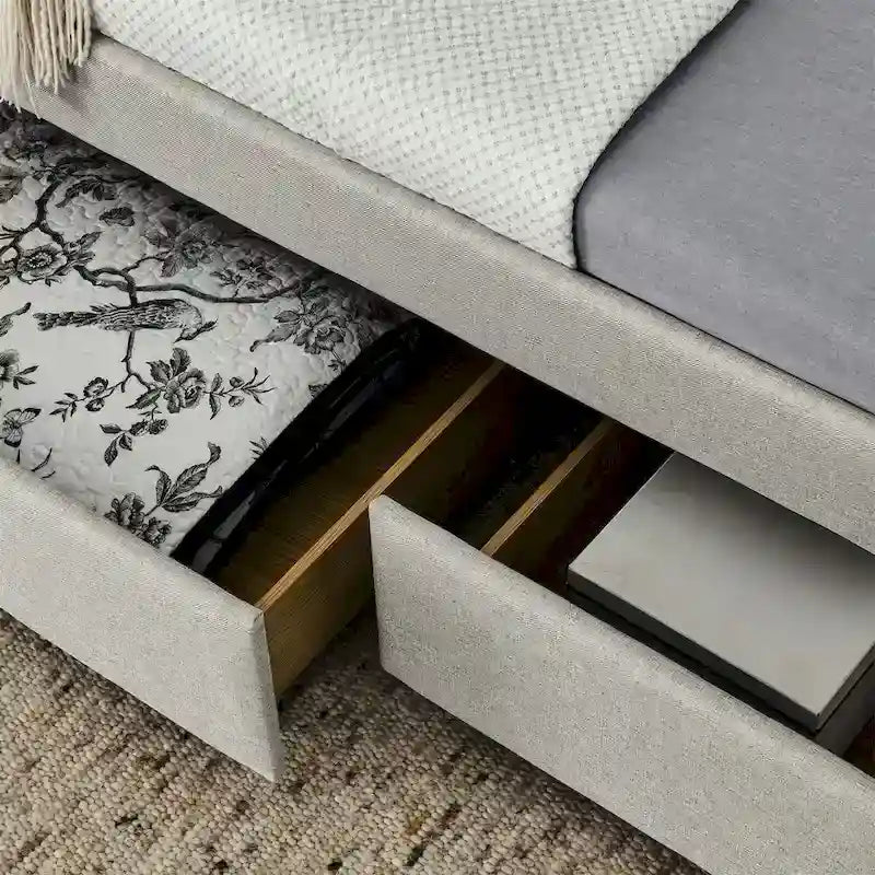 Upholstered Twin Size Daybed w/ 2 Drawers, Copper Nail on Square Arms