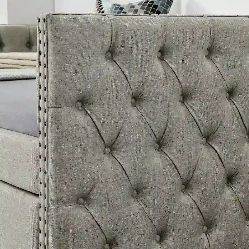 Upholstered Twin Size Daybed w/ 2 Drawers, Copper Nail on Square Arms