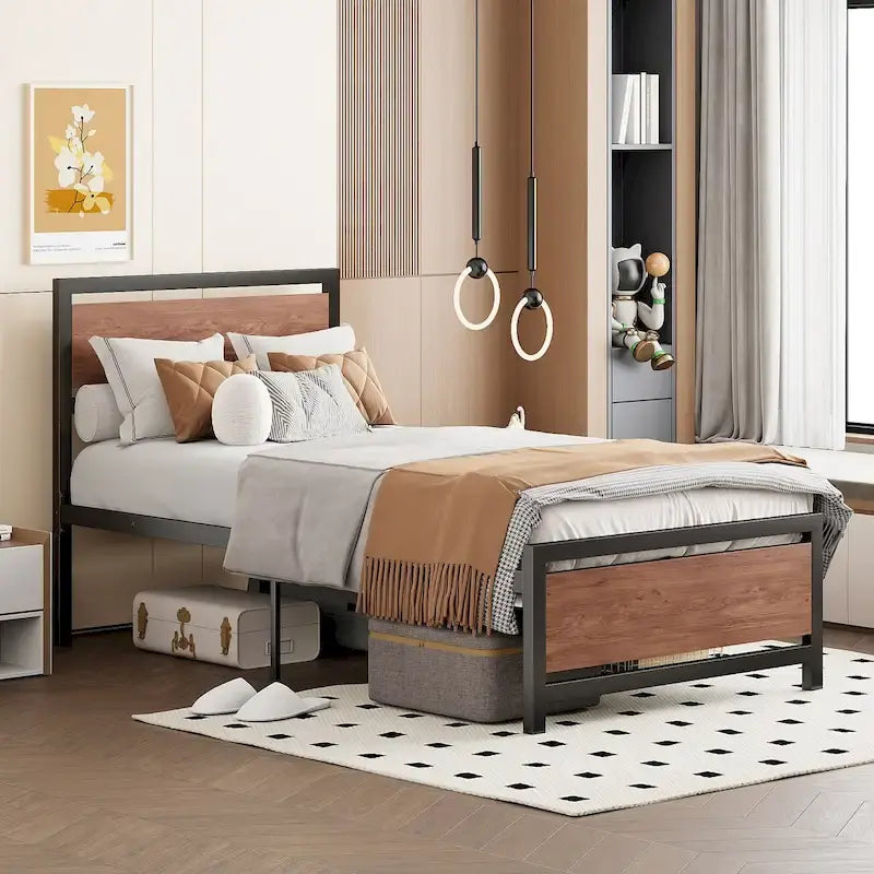 Roomfitters Twin Size Platform Bed, Metal and Wood Bed Frame with Headboard and Footboard