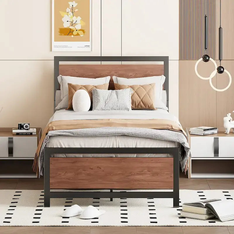 Roomfitters Twin Size Platform Bed, Metal and Wood Bed Frame with Headboard and Footboard