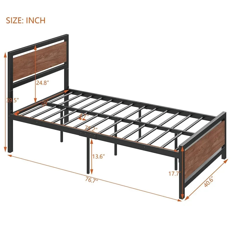Roomfitters Twin Size Platform Bed, Metal and Wood Bed Frame with Headboard and Footboard