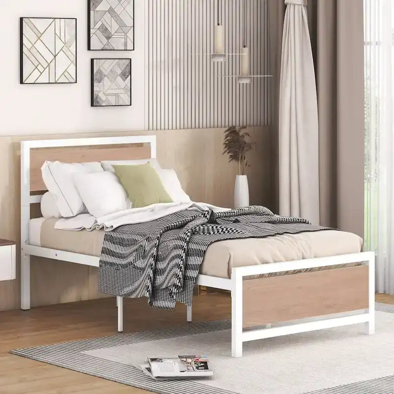 Roomfitters Twin Size Platform Bed, Metal and Wood Bed Frame with Headboard and Footboard