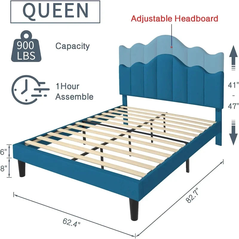 Javlergo Upholstered Platform Bed Frame with Adjustable Headboard, Wood Slat Support and Noise-Free, No Box Spring Needed