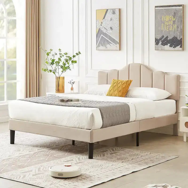 Javlergo Upholstered Platform Bed Frame with Adjustable Headboard, Wood Slat Support and Noise-Free, No Box Spring Needed