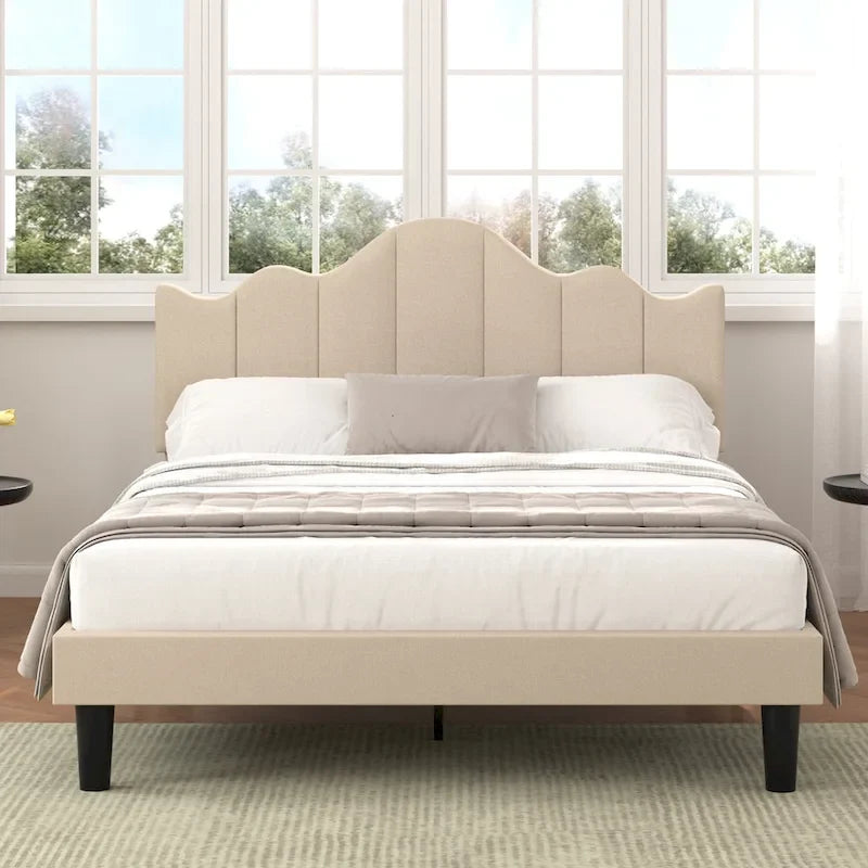 Javlergo Upholstered Platform Bed Frame with Adjustable Headboard, Wood Slat Support and Noise-Free, No Box Spring Needed