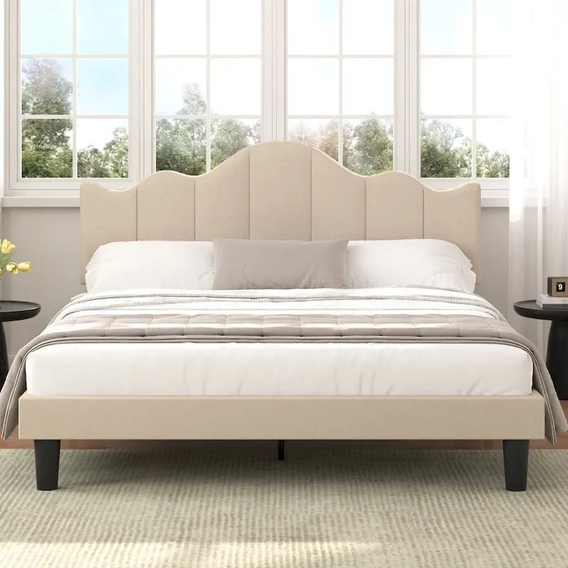 Javlergo Upholstered Platform Bed Frame with Adjustable Headboard, Wood Slat Support and Noise-Free, No Box Spring Needed