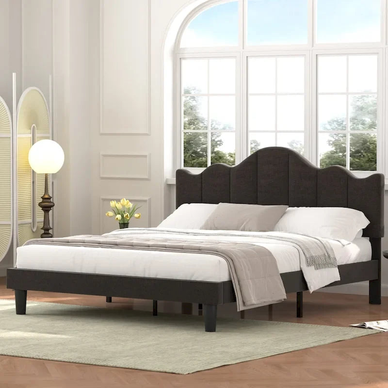 Javlergo Upholstered Platform Bed Frame with Adjustable Headboard, Wood Slat Support and Noise-Free, No Box Spring Needed