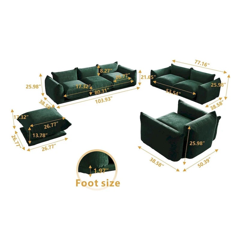 Modern Chenille Upholstery 3 Pieces Sofa Sets for Living Room Include Armchair, Loveseat,Three Seaters Couch And Ottoman